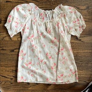 Joie … White and Cream Smocked Blouse with Ruffled Sleeves